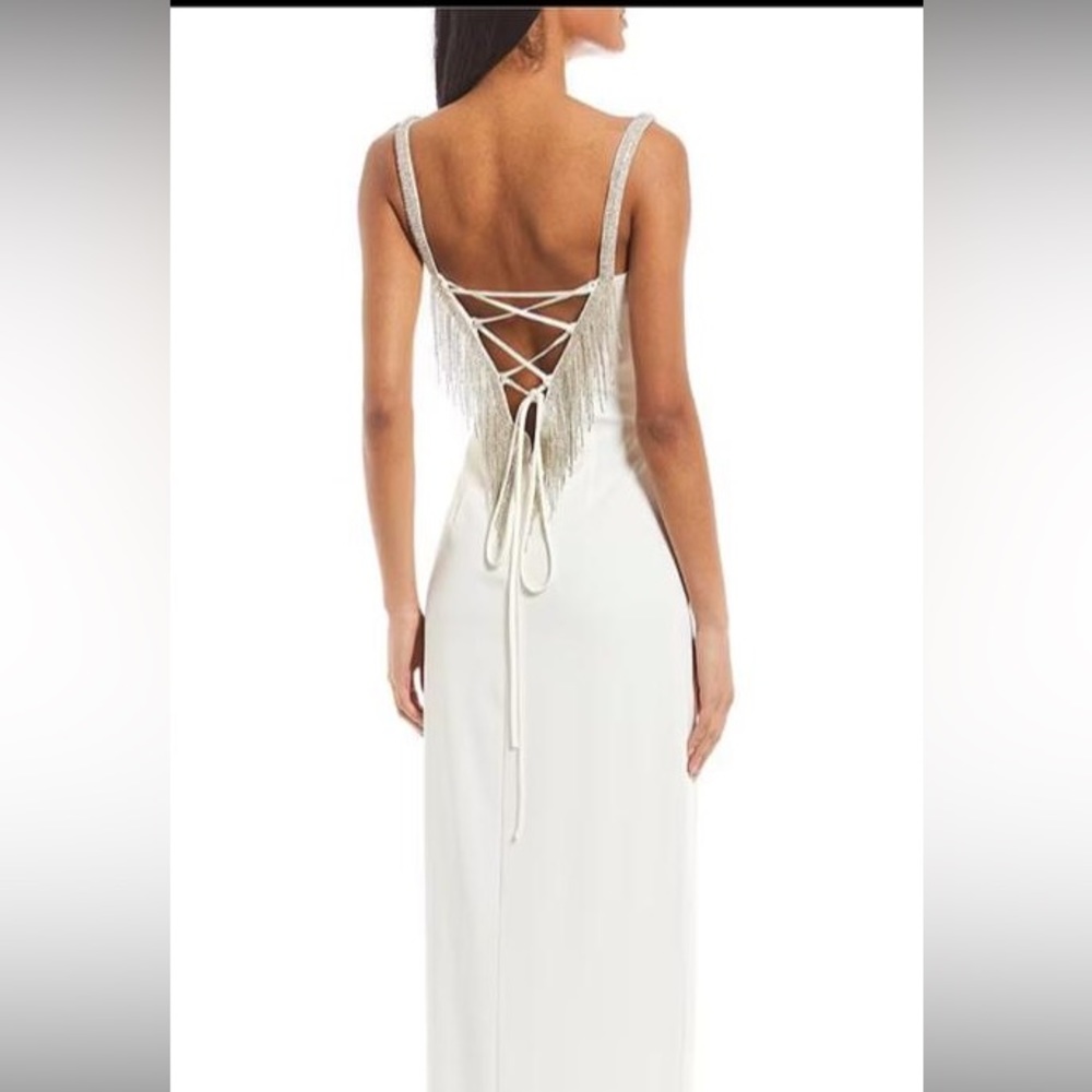 GB X MARK ZUNINO JEWELED FRINGE FRONT SLIT GOWN. - Picture 5 of 11